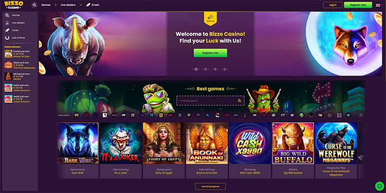 Bizzo Casino homepage with welcome bonus
