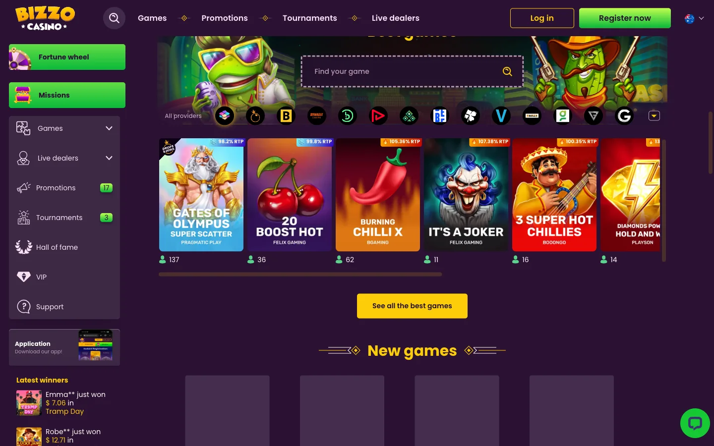 Bizzo Casino pokies lobby for Australian players